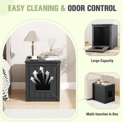 Cat Litter Box Enclosure, Feral Outdoor Cat Enclosure Weatherproof for Winter Outside, Cat Litter Box Furniture Fit Litter Box, Sturdy Resin Shelter for Living Room, Easy to Assemble, Black