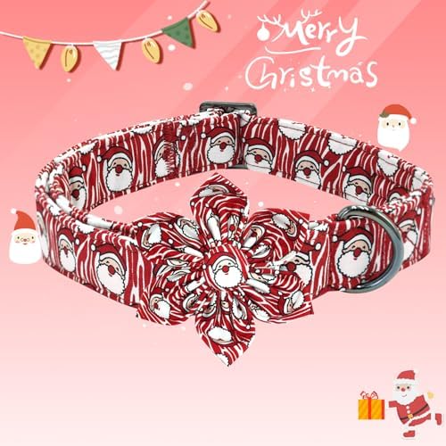 Dog Collar Christmas Holiday Santa Claus Print Pet Collar Soft Cute Dog Collars with Flower Adjustable Metal Buckle Collar for Medium Dogs