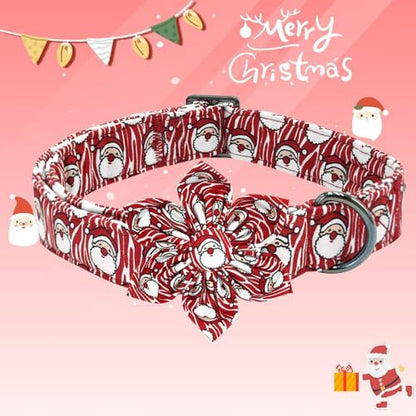 Dog Collar Christmas Holiday Santa Claus Print Pet Collar Soft Cute Dog Collars with Flower Adjustable Metal Buckle Collar for Medium Dogs
