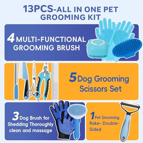 Dog Brush for Shedding 13pcs Bath Grooming Kit with Pet Nail Clipper and File - Dog Bath Brush Cat Grooming Supplies, Dematting Comb Bath Brush Shampoo Scrubber for Dogs and Cats