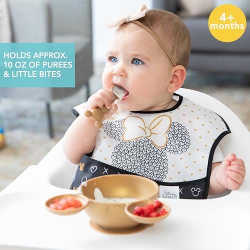 Bumkins Disney Baby Bowl, Silicone Feeding Set with Suction for Baby and Toddler, Includes Spoon, First Feeding Set, Essentials for Baby Led Weaning for Babies Eating 4 Months Up, Minnie Mouse Gold