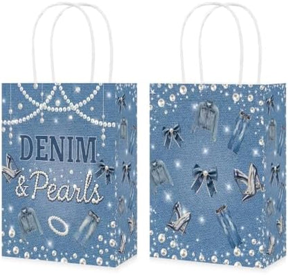 Greencian 16Pcs Denim and Pearls Party Favor Bags Jeans Pearl Goodie Bags