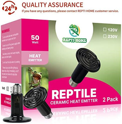 50W Ceramic Heat Emitter (2 Pack), Reptile Heat Lamp Bulbs, Ceramic Heater for Amphibian, Pet Brooder Coop, Chicken, Dog, Cat