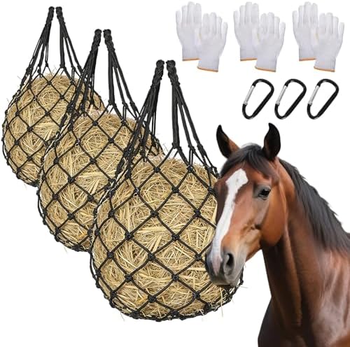 Hay Nets for Horses Slow Feed:Hay Feeder Nets for Horses-40 Inch Length Hay Net with 2 Pairs Gloves-Durable Hay Bags for Horses Goats Sheep Donkey