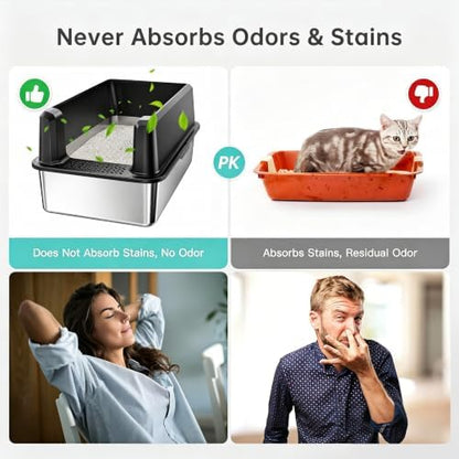 WoofiGo XL Stainless Steel Litter Box, High Sided Litter Pan for Big Cats