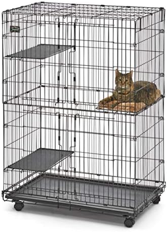 MidWest Homes for Pets Folding Metal Indoor Cat Playpen, Cage Includes Locking Wheels, 3 Platforms, Removable Tray, Plush Bed, Suited for 1-3 Cats