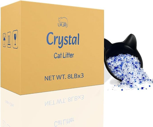 LMJP Crystal Cat Litter with Powerful Odor Control, Non-Clumping, Lasts Up to 6 Months, 24lb, Rapid Water Absorption, Unscented & Low Tracking Lightweight Blue & White Silica, 3 Pack of 8 lb
