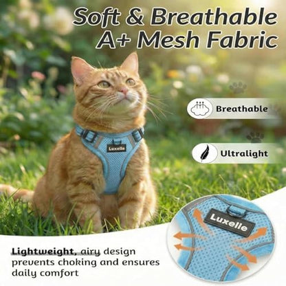 Luxelle Escape-Proof Cat Harness and Leash Set – Adjustable No Pull Soft Vest with 360° Reflective Straps, Built-in Pocket & Wrist Strap, Breathable Mesh Outdoor Harness for Cats & Kittens