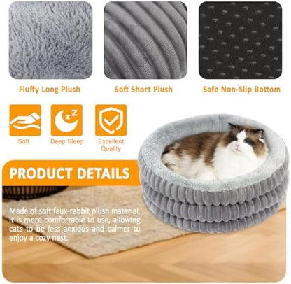 Cat Bed, 20’’ Round Donut Fluffy Cat Beds for Indoor Cats and Small Dogs, Washable Deep Sleep Calming Pet Bed Kitten Bed