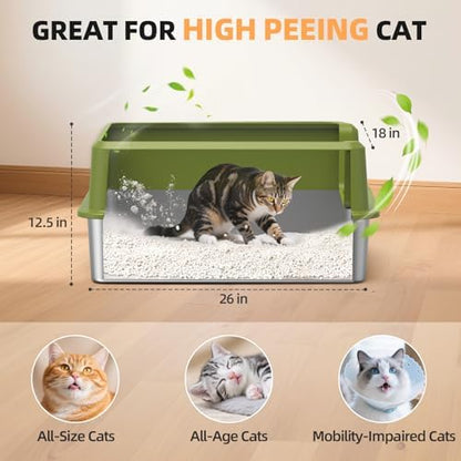 Stainless Steel Cat Litter Box, XXL High Sided Open Top Litter Pan, 1 Scoop