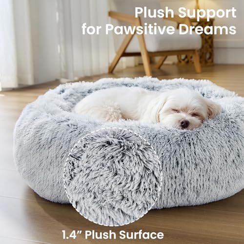 JOLLYVOGUE Small Dog Bed, Calming Dog Beds for Small Dogs & Indoor Cats - 20 Inches Donut Washable Cat Bed for Kittens & Puppies, Round Fluffy Plush Faux Fur Pet Beds(Smoke Grey)