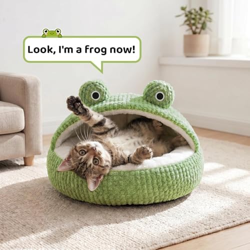 CWV Cute Cat Beds Kitten Beds, Soft Small Dog Beds, Washable Pet Beds for Puppy and Kitty, Funny Frog Cat Cave, 23 Inches