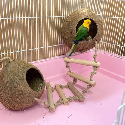 Bird Coconut Hides Nest with Ladder Parrot Cage Hanging Natural Coco Shell Hut Hide Toy with Wooden Bridge Hollow Hideaway Toys for Parakeet Lovebird Finch Canary 2PCS