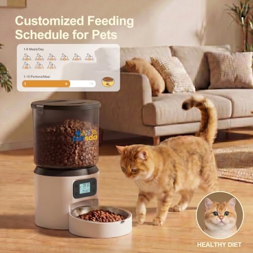 Automatic Cat Feeder 4L Timed Cat Dry Food Dispenser Auto Pet Feeder Portion Control up to 9 Meals/Day for Cats and Small Dogs Dual Power Supply, with Stainless Bowl Fresh Food, Easy Clean