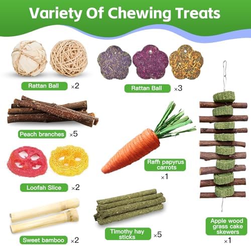 WDEFUN 21-Piece Natural Small Pet Chew Toys Set for Rabbits, Hamsters & Organic Grass Mat, Hay Sticks, Loofah Slices, Wooden Chews & More for Dental Health & Boredom Relief