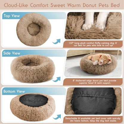 Calming Donut Dog Bed Medium Size Removable Cover + 2 PCS Cooling Rattan Pet Mat, Fluffy Comfort Anti-Anxiety Washable Round Pets Bed with Double-Sided Cool Pad for Medium Dogs/Cat, 31" Khaki