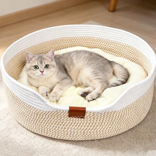 Cat Basket with Cushion, 20 Inch Cotton Rope Pet Sleeping Bed