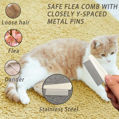 Cat Grooming Brush Kit 6 Tools - Deshedding & Dematting for Long/Short Hair, Self-Cleaning Slicker Brush with 6-in-1 Flea Comb for Cats & Kittens (White)
