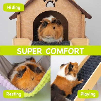 BESNEW 3 in 1 Enlarged Guinea Pig Hammock,Wooden Guinea Pig Hideout with House & Platform & Stairs Small Animal Toys for Hiding Sleeping Activities