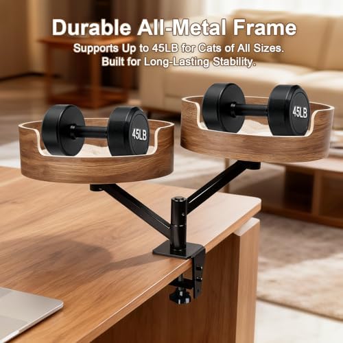 Double Cat Desk Bed with 2 Pet Mat ，360° Rotation ，Walnut Wood Finish，Space-Saving Perch Adjustable Cat Bed Desk Easy Install - Suitable for Indoor Furniture for Office & Game Tables