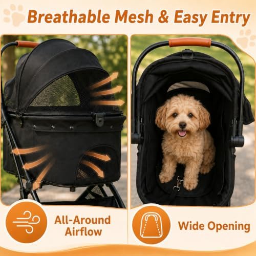 Pet Stroller with Detachable Carrier, Foldable Dog & Cat Stroller