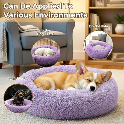Calming Donut Dog Bed for Small Dogs, Anti-Anxiety Round Washable Plush Fluffy Faux Fur Large Cat Bed, 24 inches Fits up to 25 lbs Pets, Anti-Slip Waterproof Mute Base Purple