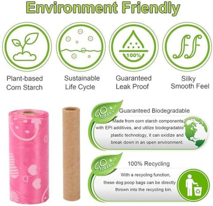 Poop Bags Rolls - 9x13 Inch Pink Strawberry Pet Waste Bags with Dispenser, Eco-Friendly, Scented, Leak-Proof, Thick Plastic for Dogs & Puppies, 1 Count Bag Holder and 180 Bags (12 Refill Rolls)