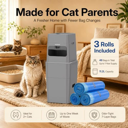 Neakasa PooGuard Plus Cat Litter Trash Can, 11.2L Odor-Control Litter Disposal Bin, Includes 1-Year Supply of EVOH Refill Bags (Grey)