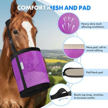 Horse Feed Bag Pack of 2 (Reinforced Bottom Edging), Feed Bags for Horses with Ventilation Mesh, Comfort Nose Pad Neck Pad, Adjustable Strap, Spill Proof Design for Feeding Grain, Supplements