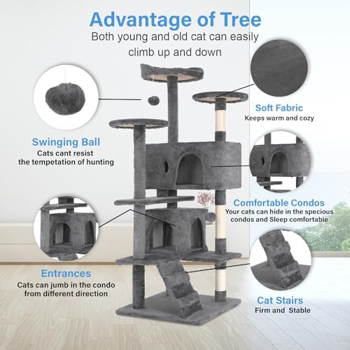 FDW | 54" Cat Tree Tower | Light Gray | Multi-Level Indoor Activity Center