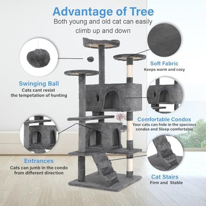 FDW | 54" Cat Tree Tower | Light Gray | Multi-Level Indoor Activity Center