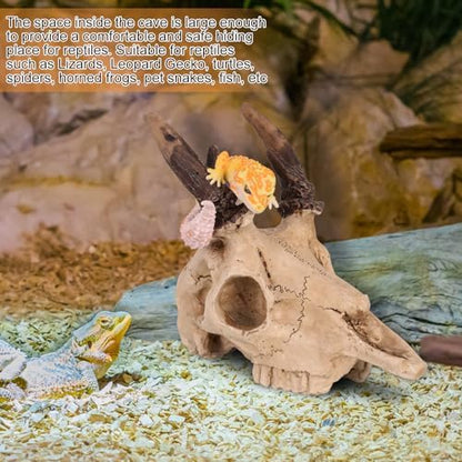 Mini Deer Skull Reptile Hide, Resin Tank Decor for Geckos, Snakes & Spiders