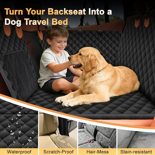 Back Seat Extender for Dogs, Holds 450 lbs, Hard Bottom Waterproof Dog Car Seat Cover with Door Protectors, 600D Heavy Duty Scratch Proof & Nonslip Dog Hammock with Mesh Window for Car, SUVs