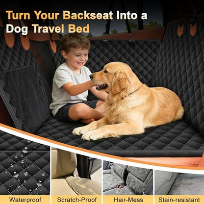 Back Seat Extender for Dogs, Holds 450 lbs, Hard Bottom Waterproof Dog Car Seat Cover with Door Protectors, 600D Heavy Duty Scratch Proof & Nonslip Dog Hammock with Mesh Window for Car, SUVs