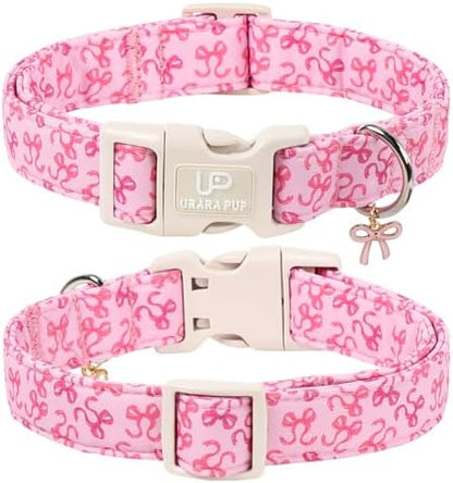 Pink Bow Dog Collar | Cute Aesthetic Cotton Collar | Soft Girl Puppy Collar | Adjustable Small Medium Dog Collar | Coquette Pet Style