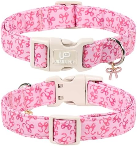 Pink Bow Dog Collar | Cute Aesthetic Cotton Collar | Soft Girl Puppy Collar | Adjustable Small Medium Dog Collar | Coquette Pet Style