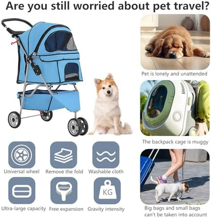 FDW | 3-Wheel Foldable Pet Stroller | Blue | Lightweight & Portable