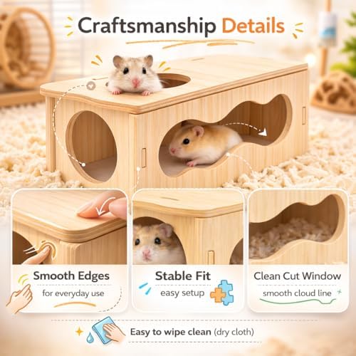 Medium Wooden Hamster Inspired Tunnel with Side & Top Windows Tunnel Toy Dreamy Cloud-Inspired Hideout with Smooth Streamlined Design – Natural Hideout Tube for Dwarf and Syrian Hamsters, Gerbils