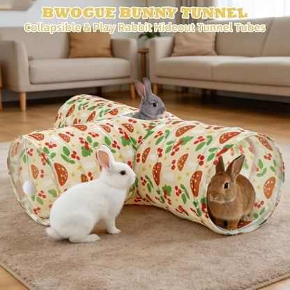 BWOGUE Bunny Tunnels & Tubes, 3-Way Collapsible Rabbit Hideout for Bunnies