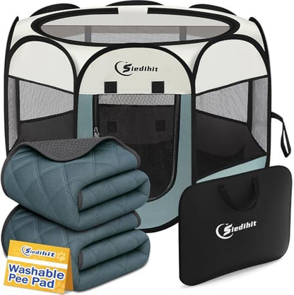 Siedihit Dog Cat Playpen Tent Crate Cage with 2 Washable Pads, Small Grey