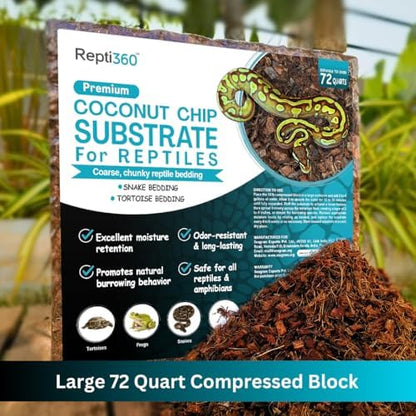 Premium Coconut Chip Substrate for Reptiles | 10 lb Compressed Block Expands up to 72 Quarts | Natural Bedding for Ball Python, Tortoise, Bearded Dragon Habitats
