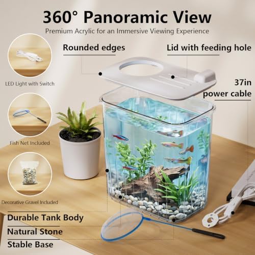 0.8 Gallon Betta Fish Tank Aquarium Starter Kit with Light and Lid(White)