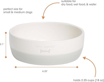 Pearhead Ceramic Bone Appétit Dog Bowl, Stoneware Food and Water Dish, Grey and White Pet Feeder, Small/Medium 2.25 Cups/ 18 oz