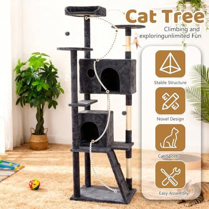 BestOffice 81 Inch Cat Tree, Multi-Level Cat Tower with Condo, Perches, Sisal Scratching Posts, Climbing Ladder,Indoor Activity Center Play House for Kittens & Adult Cats, Dark Gray