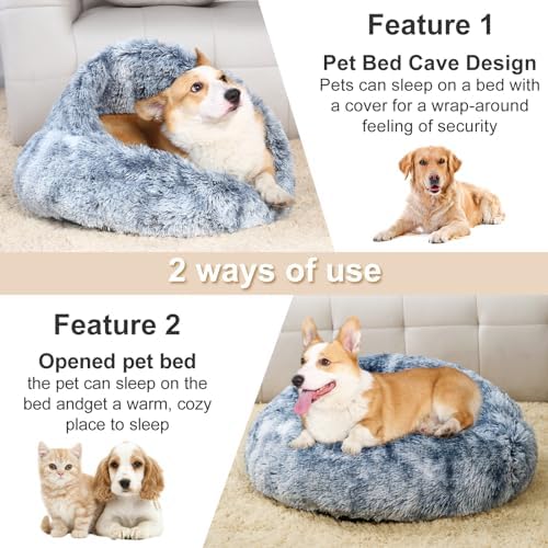 Calming Dog and Cat Cave Bed with Hooded Cover, Faux Fur, Round, Removable Washable, Anti-Slip, for Small Medium Pets (25")
