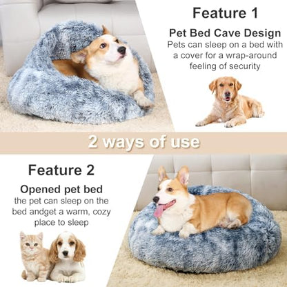 Calming Dog and Cat Cave Bed with Hooded Cover, Faux Fur, Round, Removable Washable, Anti-Slip, for Small Medium Pets (25")