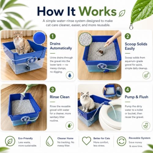 Clean Stream Litter Box - No More Disposable Litter, A Washable Litter Box System, Mess Free Water Clean, No Tracking, Eco-Friendly, Save Time + Money and User-Friendly System.