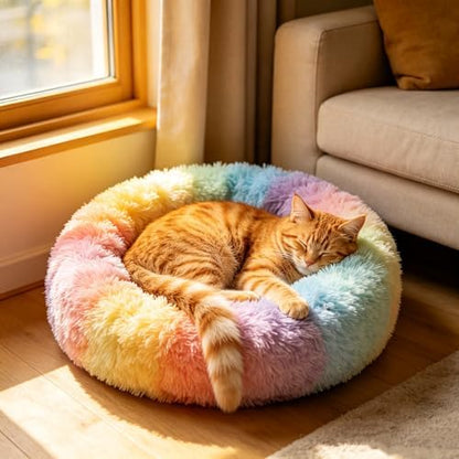 Cat Beds for Indoor Cats - Anti Anxiety Round Dog Beds for Small Medium Dogs, Fluffy Plush Faux Fur Pet Bed (Rainbow, Large 24" L x 24" W)