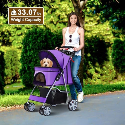 Foldable Pet Stroller 4 Wheels for Small Medium Dogs Cats,Purple