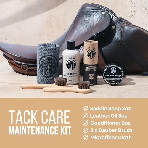 Rhino Wax - Horse Tack Kit - Includes: Saddle Soap for Leather & Conditioner - Leather Oil - Brushes - Cloth. Horse Supplies for Saddles, Bridles, Boots, Reins - Proudly Made in the USA (Not China)